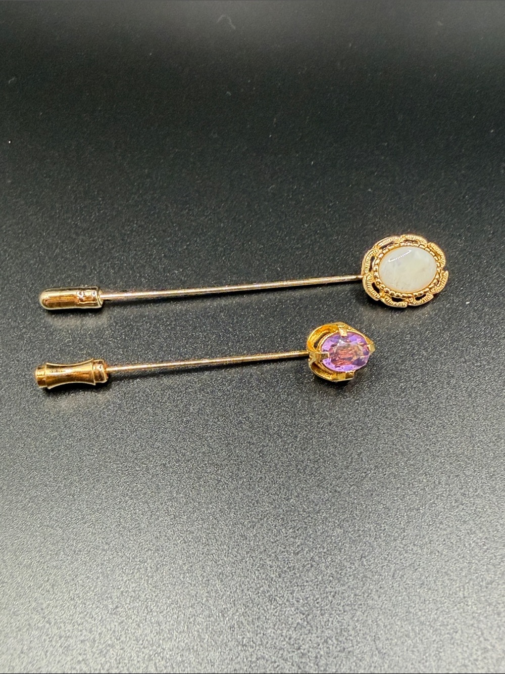 Gold Tone Stick Pins with opal and Purple stones costume jewelry